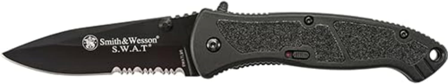 Smith & Wesson Large S.W.A.T. SWATLBS 8.5in S.S. Assisted Opening Knife with 3.7in Serrated Drop Point Blade and Aluminum Handle for Tactical, Survival and EDC