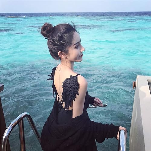 Miniatura 4 de Onwon 1 par de alas de ángel 3D bordado escote encaje encaje apliques costura en parches negro grande