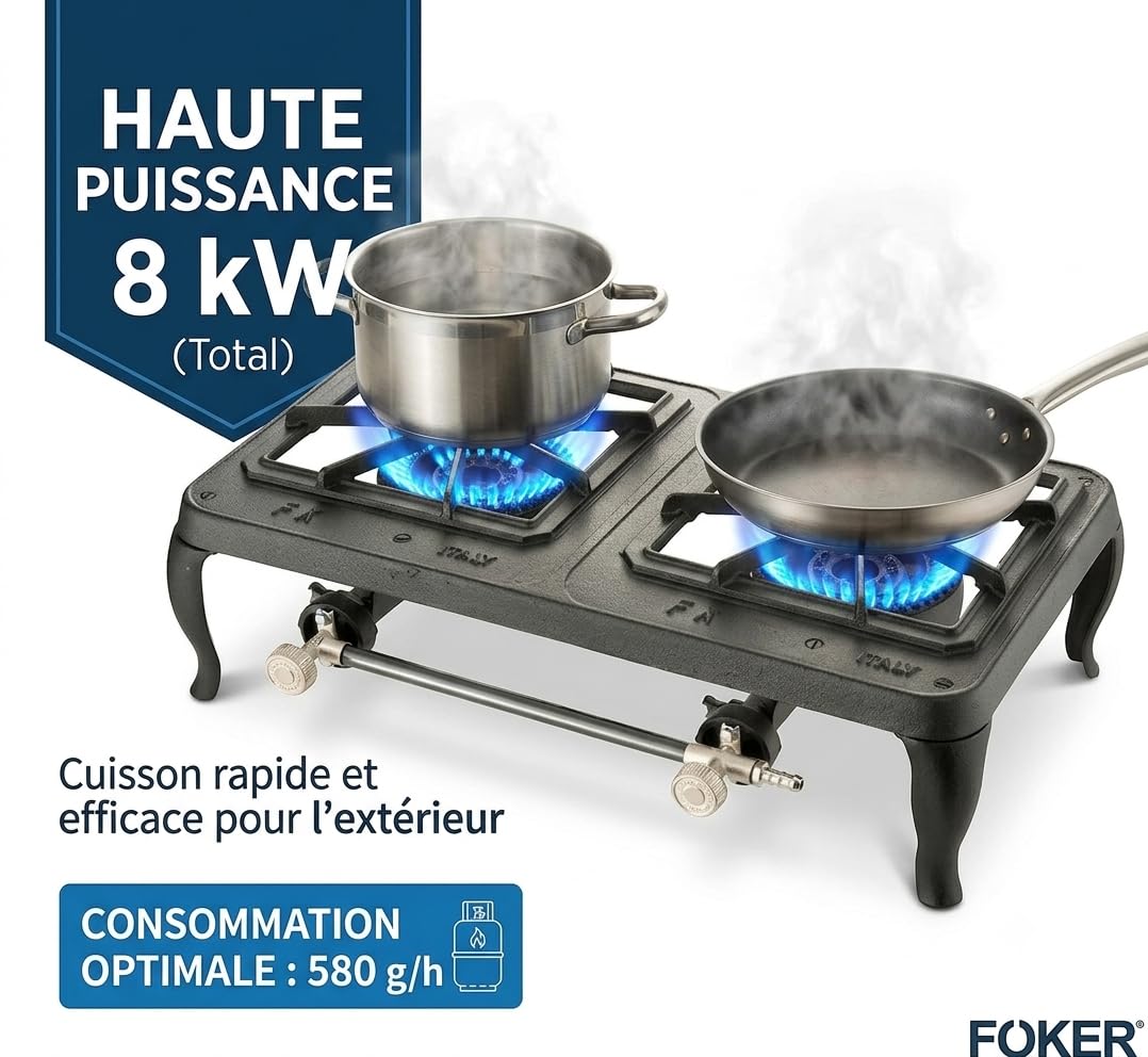 Réchaud à Gaz 2 Feux Europa en Fonte Peinte 8 kW Butane/Propane | Fabriqué en Italie, 580 g/h Consommation, Camping et Extérieur, Art. 03050