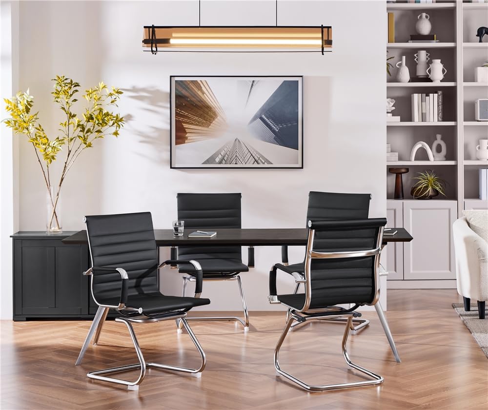 Yaheetech 2 Sillas de Oficina Silla de Recepción Ergonómicas en Negro | Tapizado en Polipiel, Diseño Moderno, Reposabrazos Integrados, Base Metálica, para Oficina, Sala de Espera y Reuniones