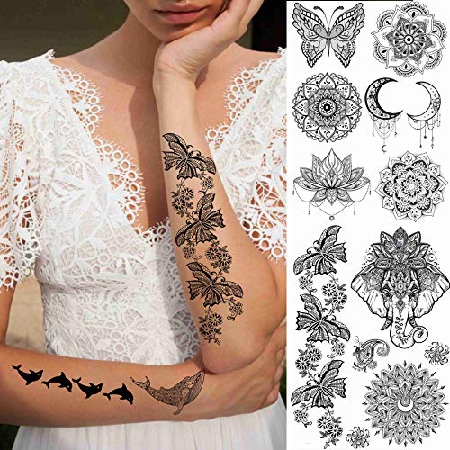Egmbgm 28 Sheets Tribal Henna Temporary Tattoos For Women Girls, Waterproof Fake Tattoos Temporary Elephant Ganesha Lace Mehndi Hena Tattoo Kits, Lotus Mandala Flower Tatoo Sticker Moon Neck Chest Arm #TOP4