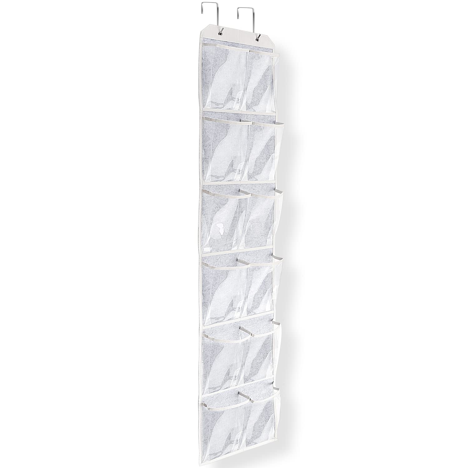 Over The Door Shoe Organizer - Hanging Holder with 12 Large Clear Pockets and 2 Metal Hooks, Shoe Rack for Narrow Closet Door