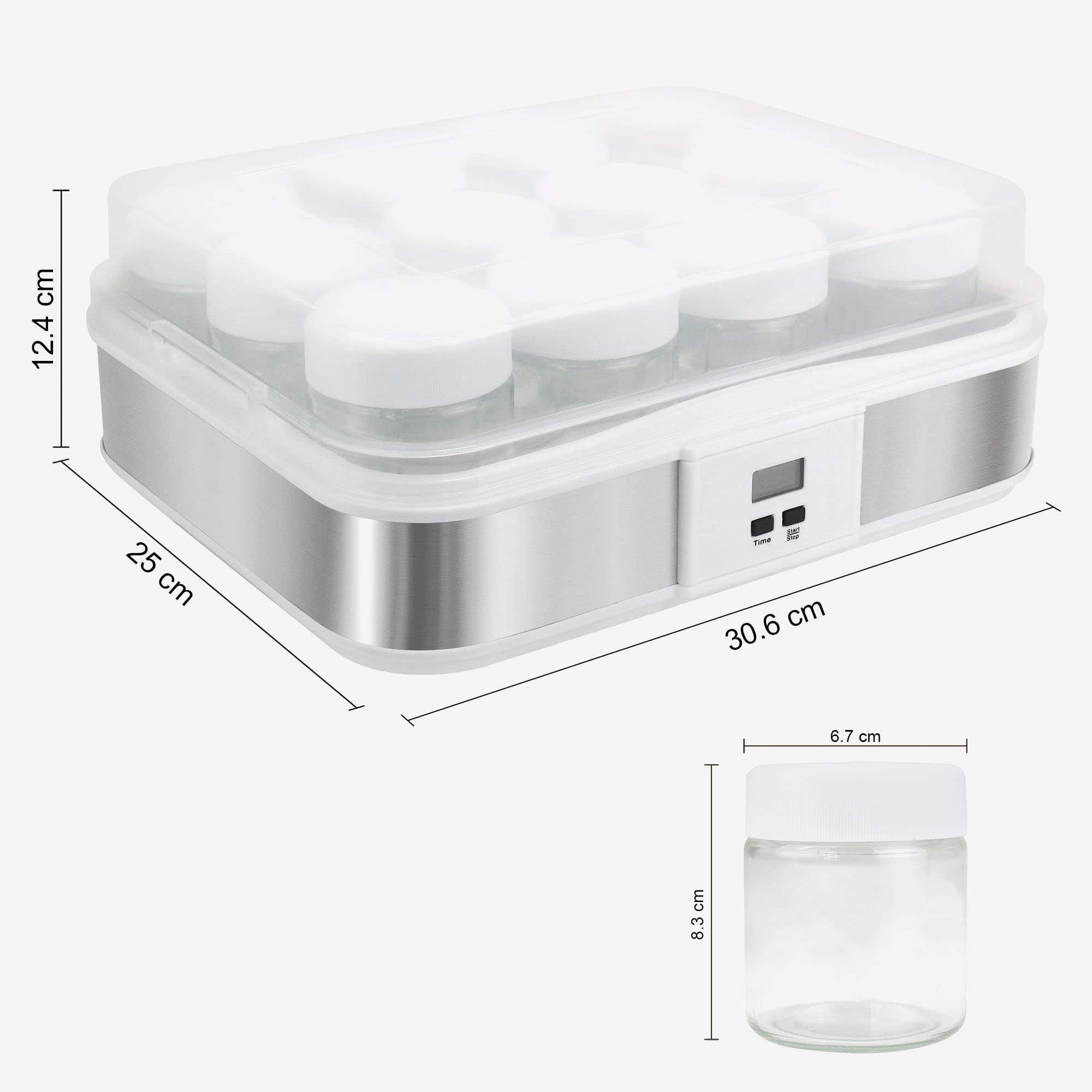 Leogreen - Yaourtière, Machine pour Yahourt Naturel, 12 pots, avec minuteur, 30,6 x 25 x 12,4 cm, Blanc, Capacité par pot: 0,21 L, Réglage de la minuterie: 0-15 heures