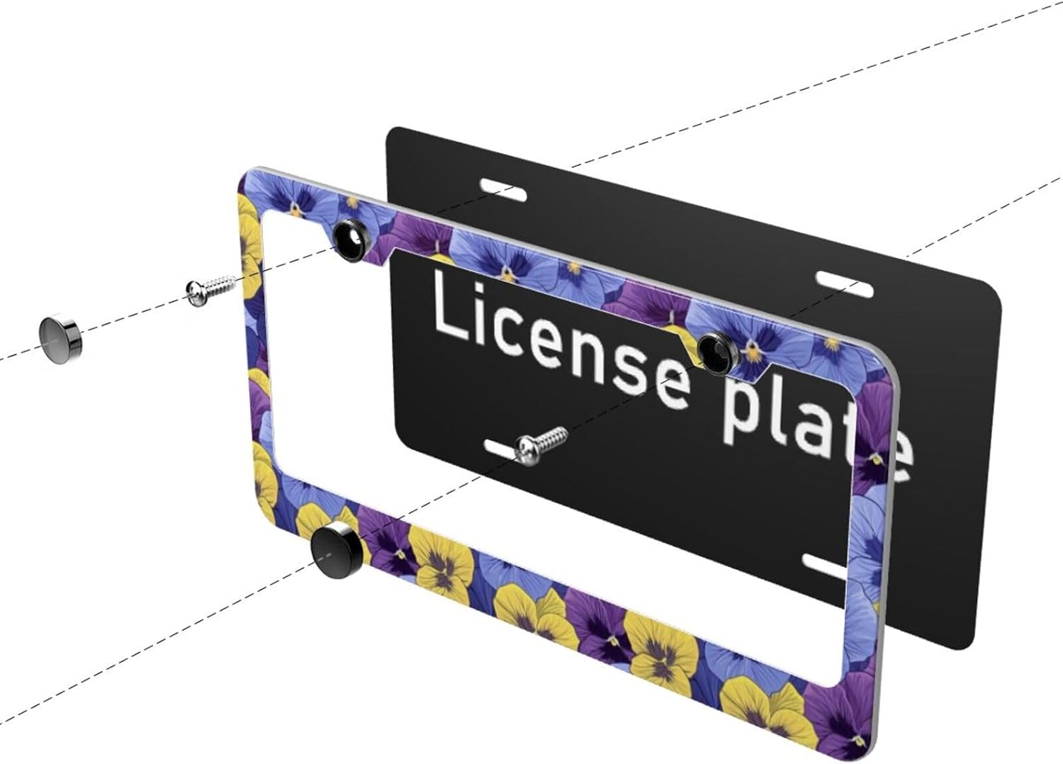 Pansy Flower Seamless Pattern Matte Aluminum License Plate Frame with Black Screw Caps，2pcs 2 Holes Black Licenses Plates Frames,Car Licenses Plate Covers Holders for Us Vehicles/Women/Men