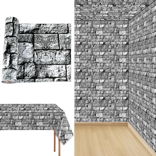 Image of party greeting Brick Stone Wall Tablecloth Roll Disposable Stone Wrapping Plastic Table Cover Castle Backdrop for Halloween Western Birthday Medieval Party Decoration Favors Supplies 100FT x 51 Inch
