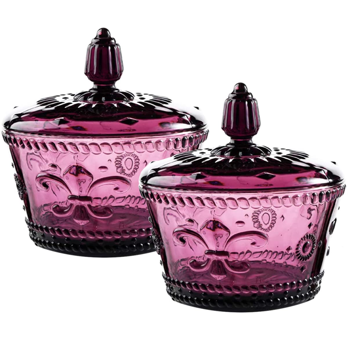 Set of 2 European Retro Nostalgic 3D Relief Purple Glass Jar Candy Jar Seasoning Jar with Lid