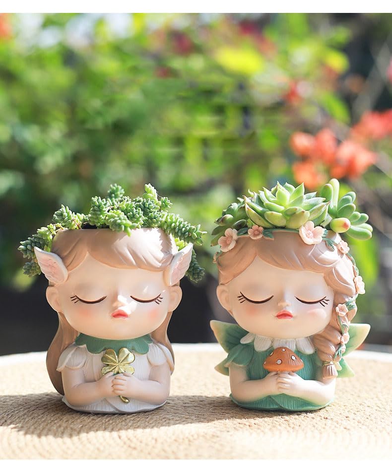Hosoncovy Cartoon Elf Girl Succulent Plants Plant Pot Small Plant Vase Resin Planter Desk Plant Pot Home Ornament (D) - Image 4