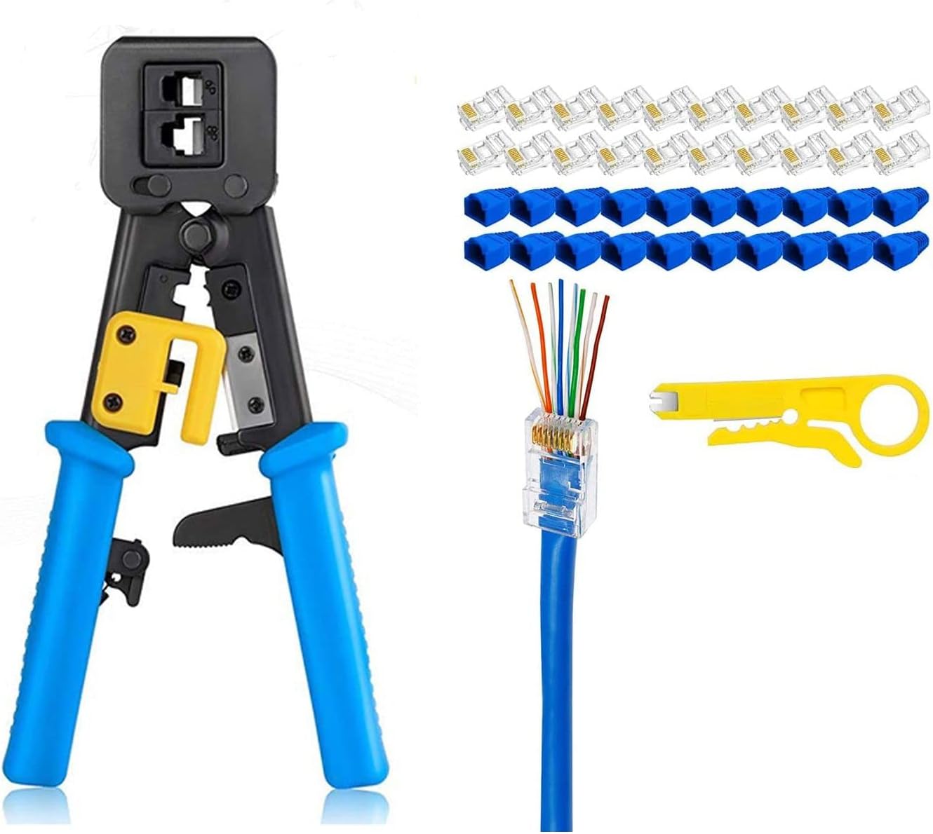 RJ45 Crimping tool Kit for cat5,cat5e,cat6e,8P RJ45 ethernet cable,6P RJ11/RJ12 cable together with 20pcs cat6e pass-through connectors and 20 pcs covers,1 wire stripper (Blue)