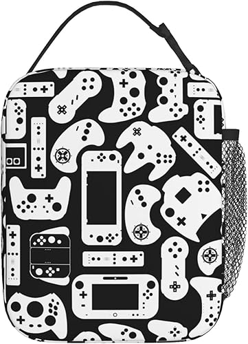 Miniatura 3 de Bolsa de almuerzo de videojuegos en blanco y negro para niños y niños, fresca y reutilizable, portátil, aislada, bolsas de comida para escuela,