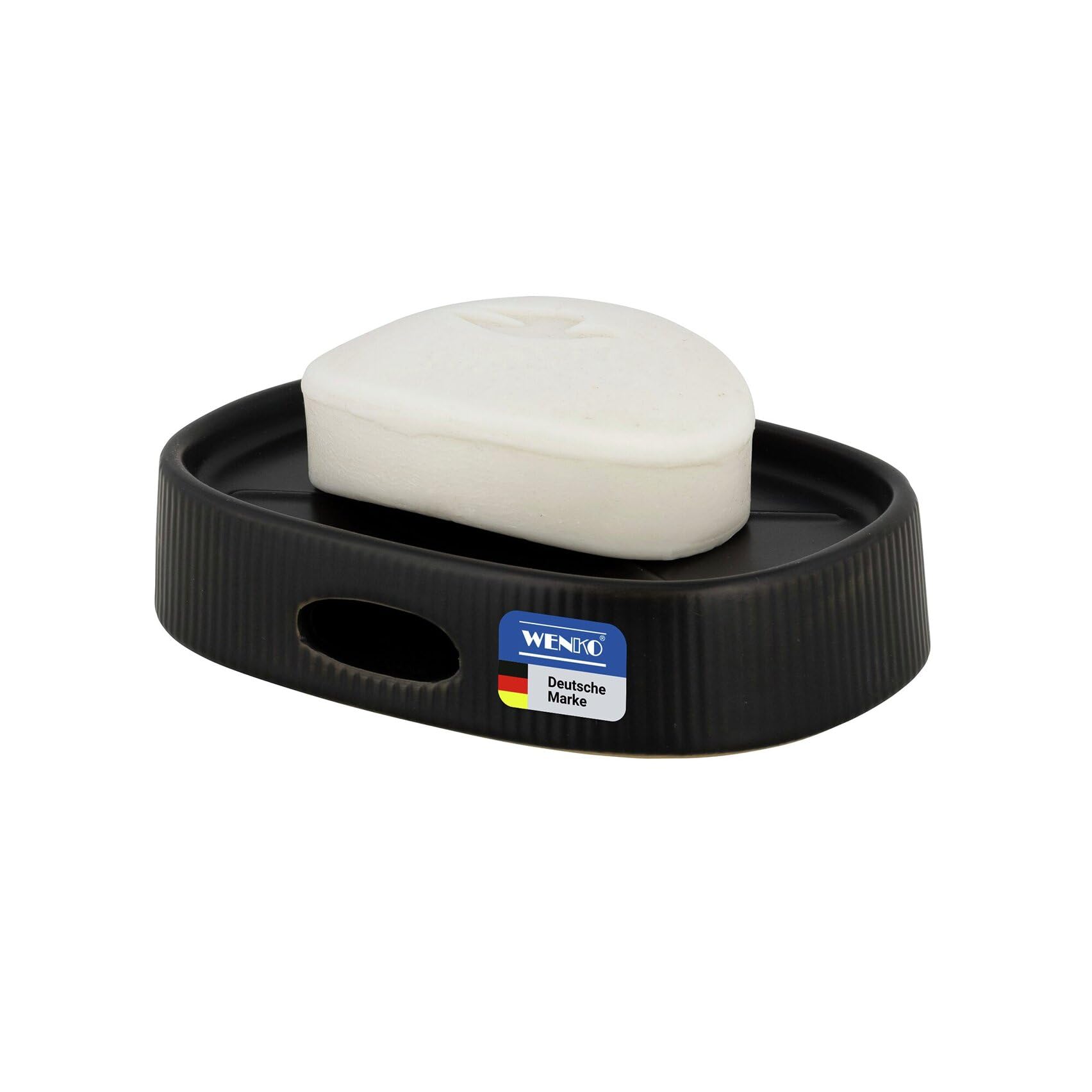 WENKO Fablo Soap Dish Ceramic with Groove Look, Freestanding Soap Holder with Drain Hole, Soap Dish for Bathroom and Guest Toilet, Matte Black