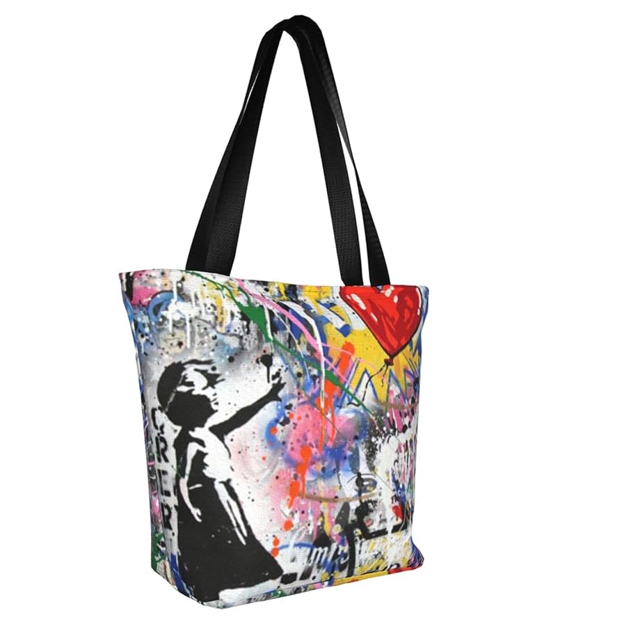 風船と少女（バック） Banksy 風船少女 洗えるキャンバス2WAY ファスナー付トート