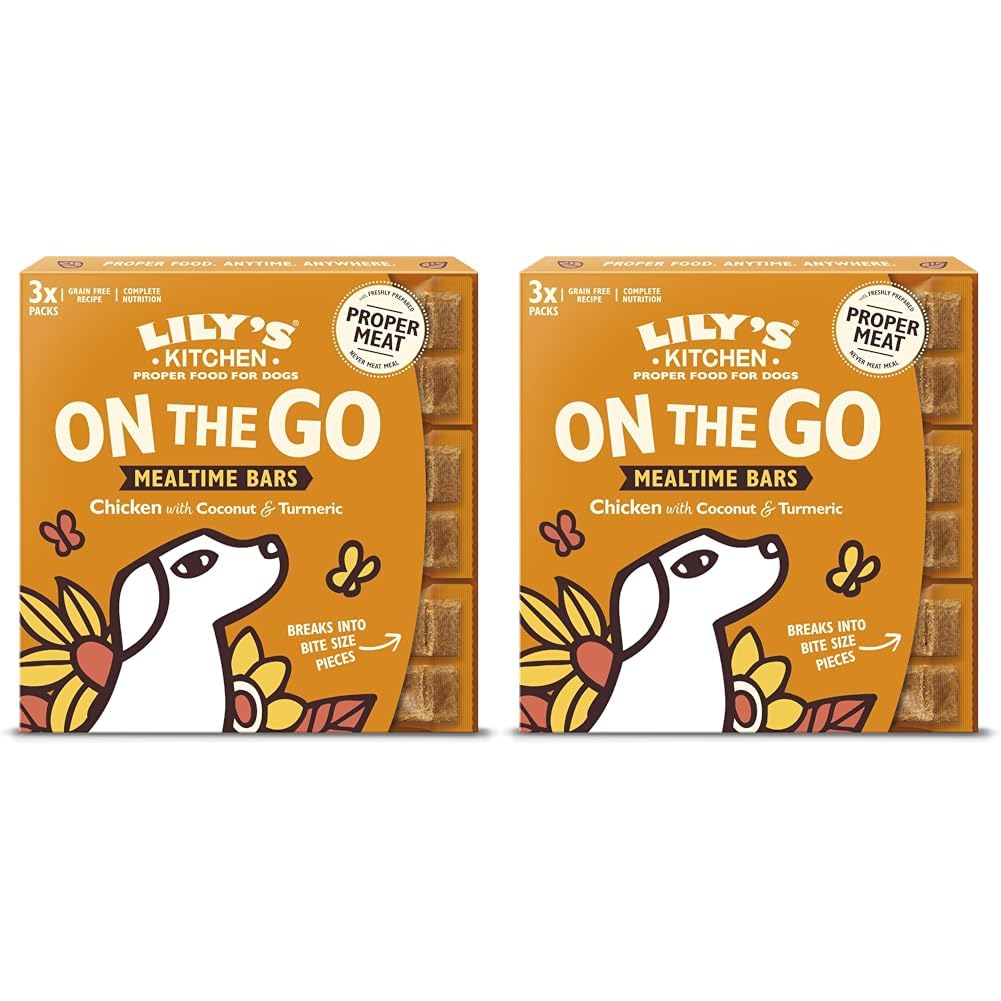Lily's Kitchen On The Go Bar Mealtime Bar for Dogs - Natural Treat, Grain Free Treat - Chicken with Coconut & Tumeric (3 x 40g) (Pack of 2)