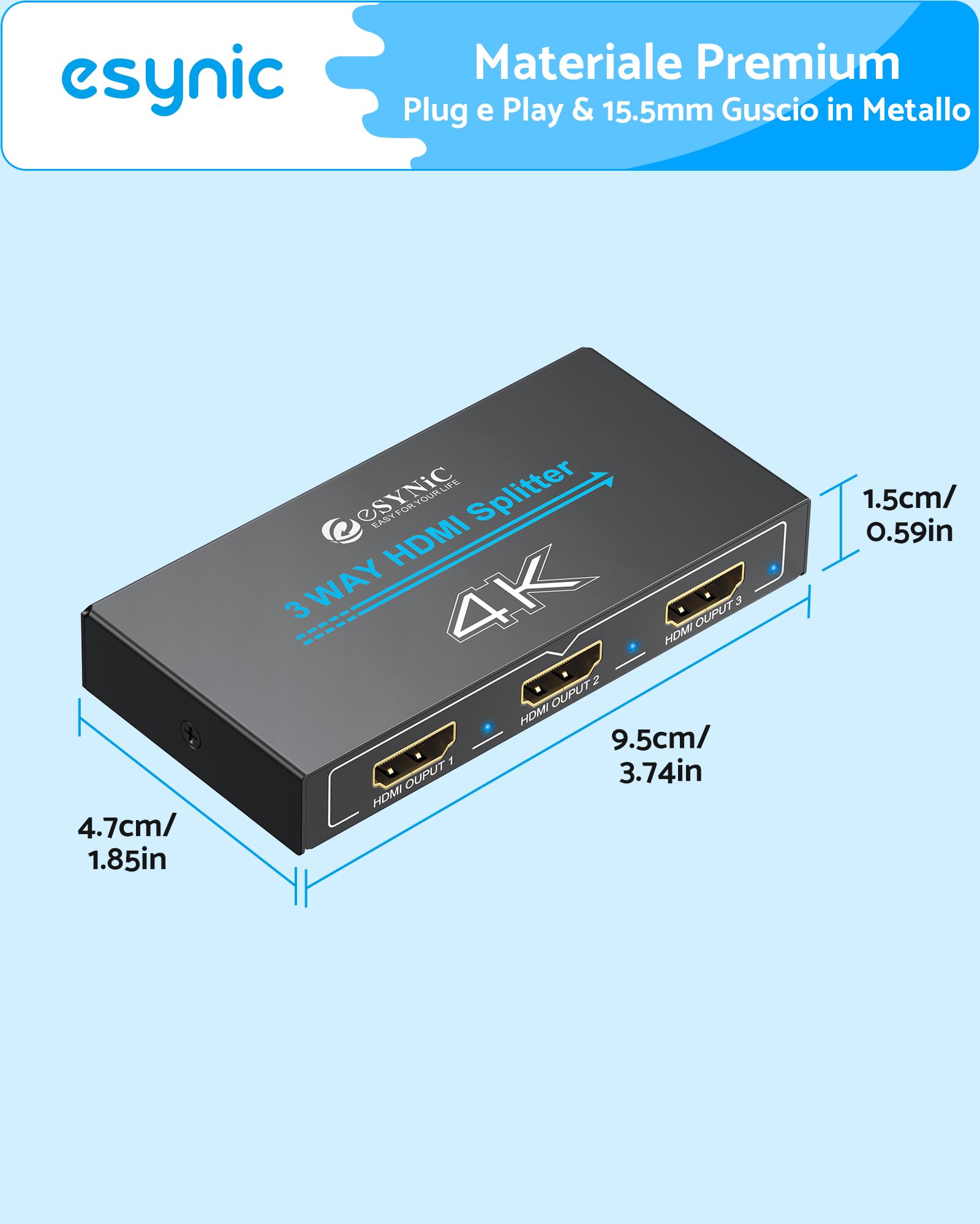 eSynic HDMI Splitter 1 In 3 Out 4K@30HZ 3D con 1m Cavo HDMI, 3 Vie Splitter HDMI Supporta HDCP 1.4 Bypass, 1X3 Splitter HDMI Involucro in Metallo per Fire Stick Console Blu-ray