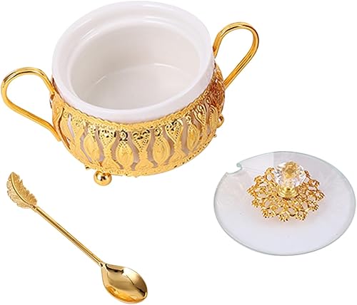 Miniatura 7 de Flylin Azucarero, azucarero turco con tapa y cuchara para galletas de caramelo, miel, tarro de condimento de vidrio vintage dorado para el hogar y