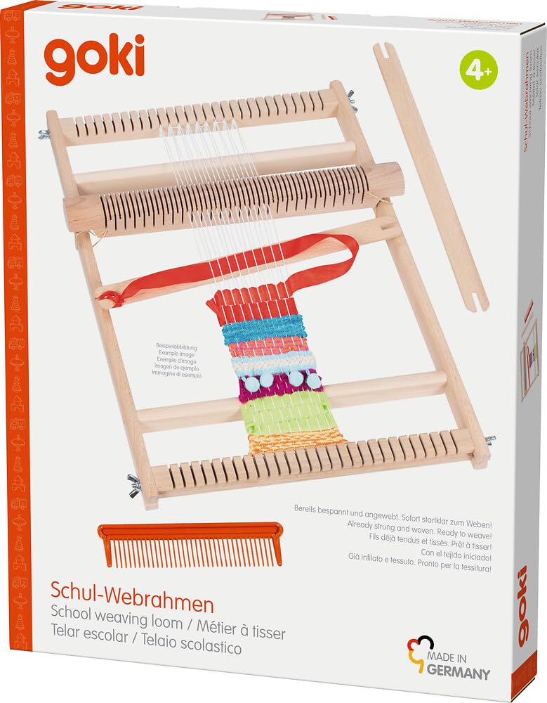 goki 58288 – Cornice per la scuola 25 cm, grande cornice in legno con pettine e 2 navi tessute intrecciate e intrecciate, con istruzioni passo-passo