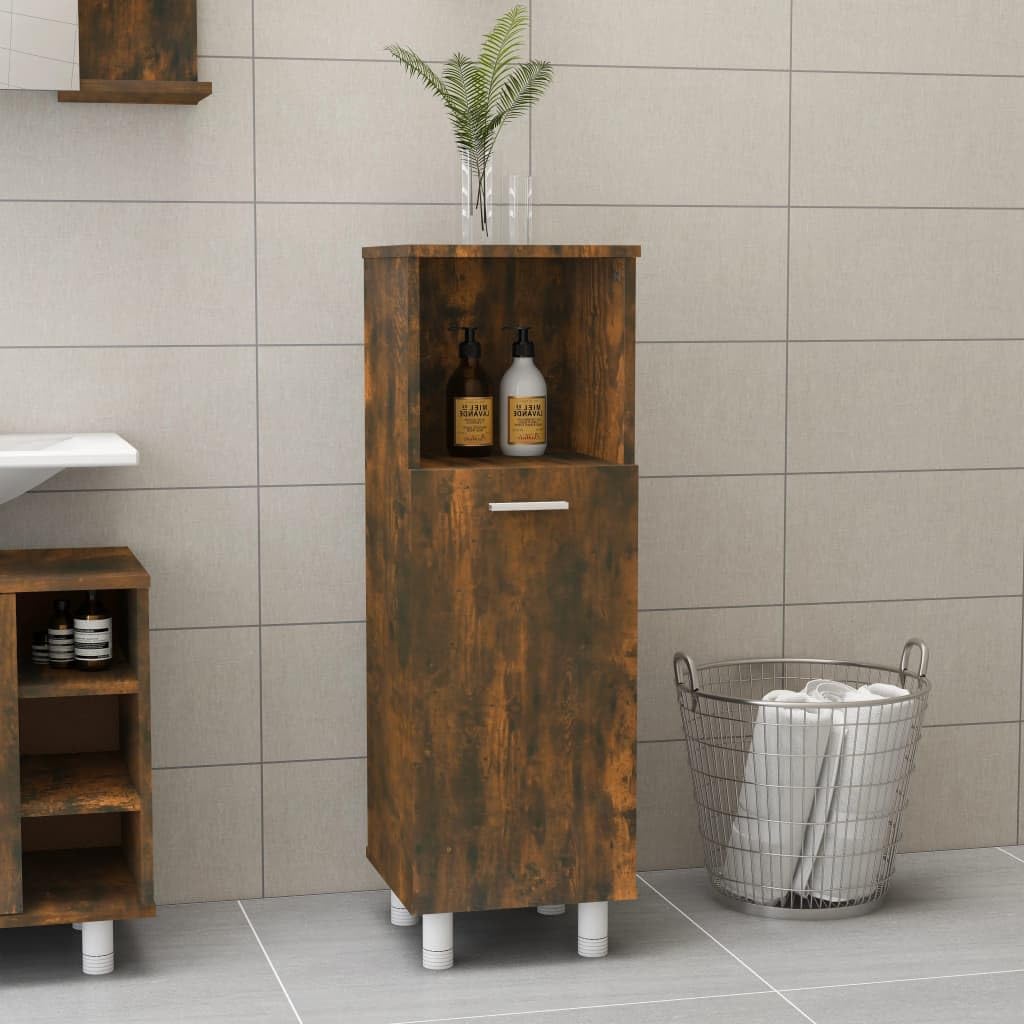 Armario de baño de roble ahumado de madera de 30 x 30 x 95 cm con 3 compartimentos y puerta, independiente, soporte alto, soporte de pared para baño, lavadero e inodoro de invitados