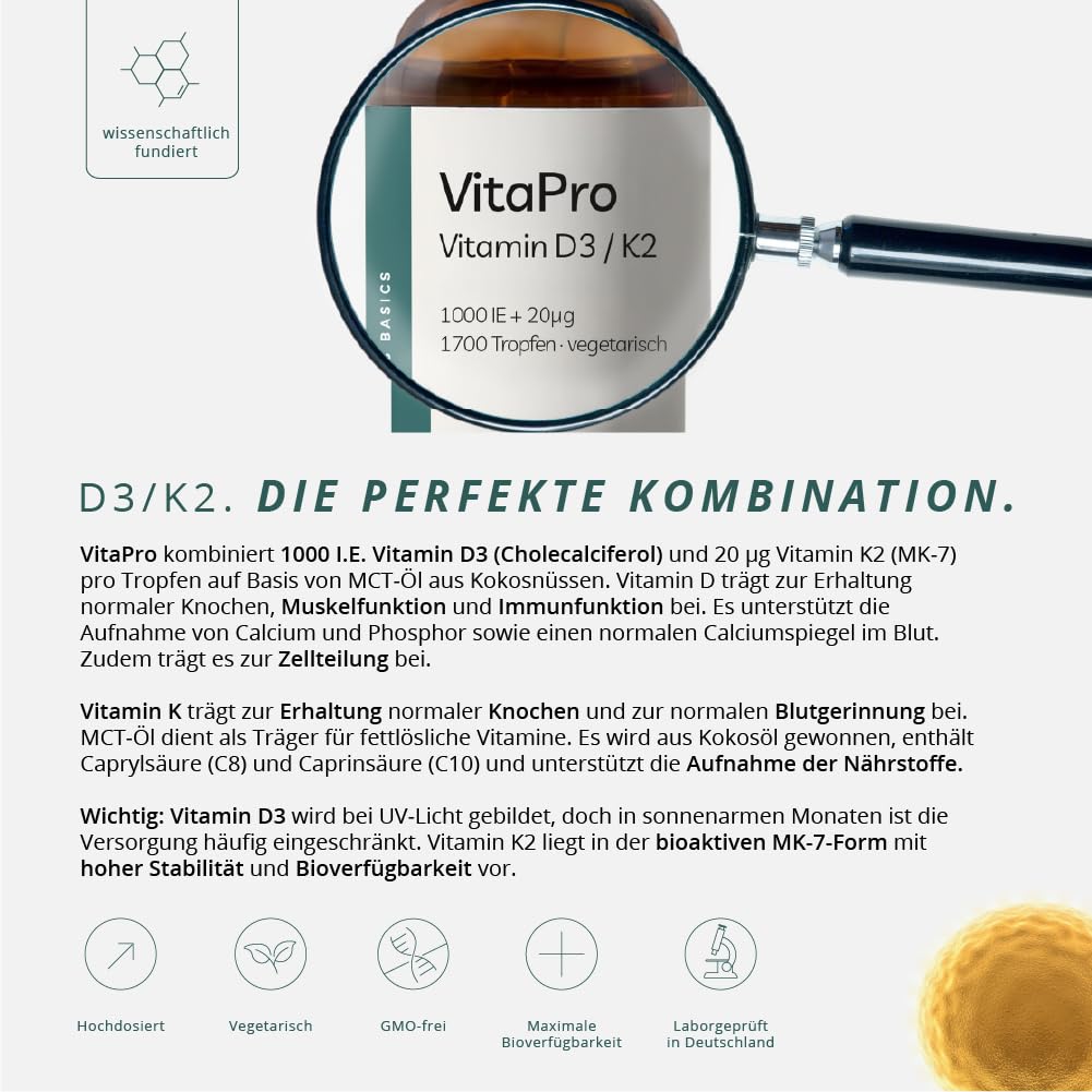 Vitamin D3/K2 MK-7 Öl – Hochdosiert 1.000 IE D3 + 20µg K2 MK-7 pro Tropfen - 3 x 1700 Tropfen / 50ml – Premium MCT Kokosöl – Vitapro Für Knochen, Immunsystem & Zellen - Vegetarisch