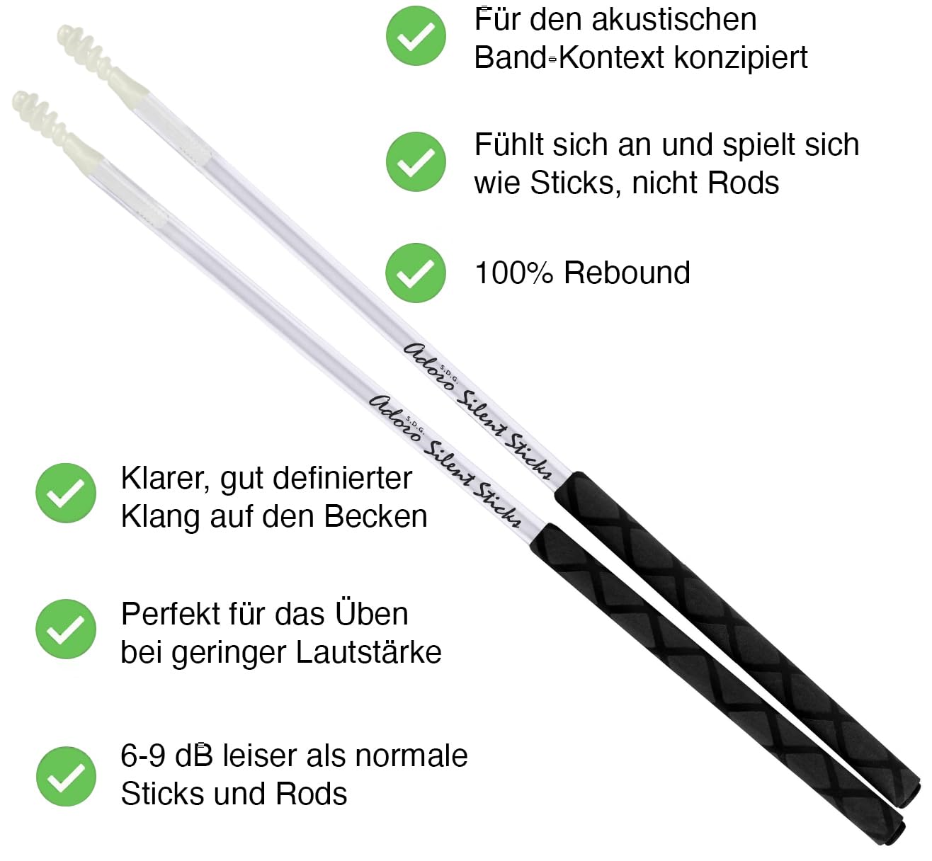 Adoro Silent Sticks - leise Schlagzeug Sticks -Drumsticks für akustik Musik - leise Stöcke mit vollem Sound (keine Schallschutz Wand, Drum Pad oder Schallabschirmung für Schlagzeuge mehr, 1 Paar