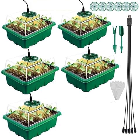5 Pack Seed Trays with Grow Light,Seedling Starter Kit,Adjustable Humidity and Light Seed Starting Trays,Greenhouse Germination Kit (Green 5 pack) Cover