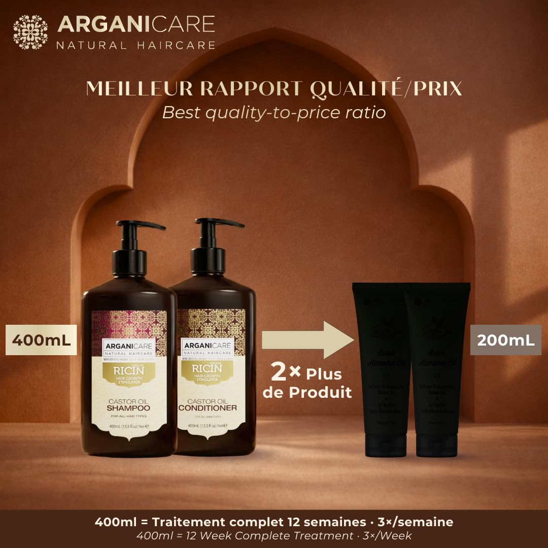 ARGANICARE | Zestaw Duo Ricin | Szampon + Odżywka Wzrost & Wzmocnienie | Wszystkie rodzaje włosów |.Siła i Nawilżenie | 2 x 400 ml