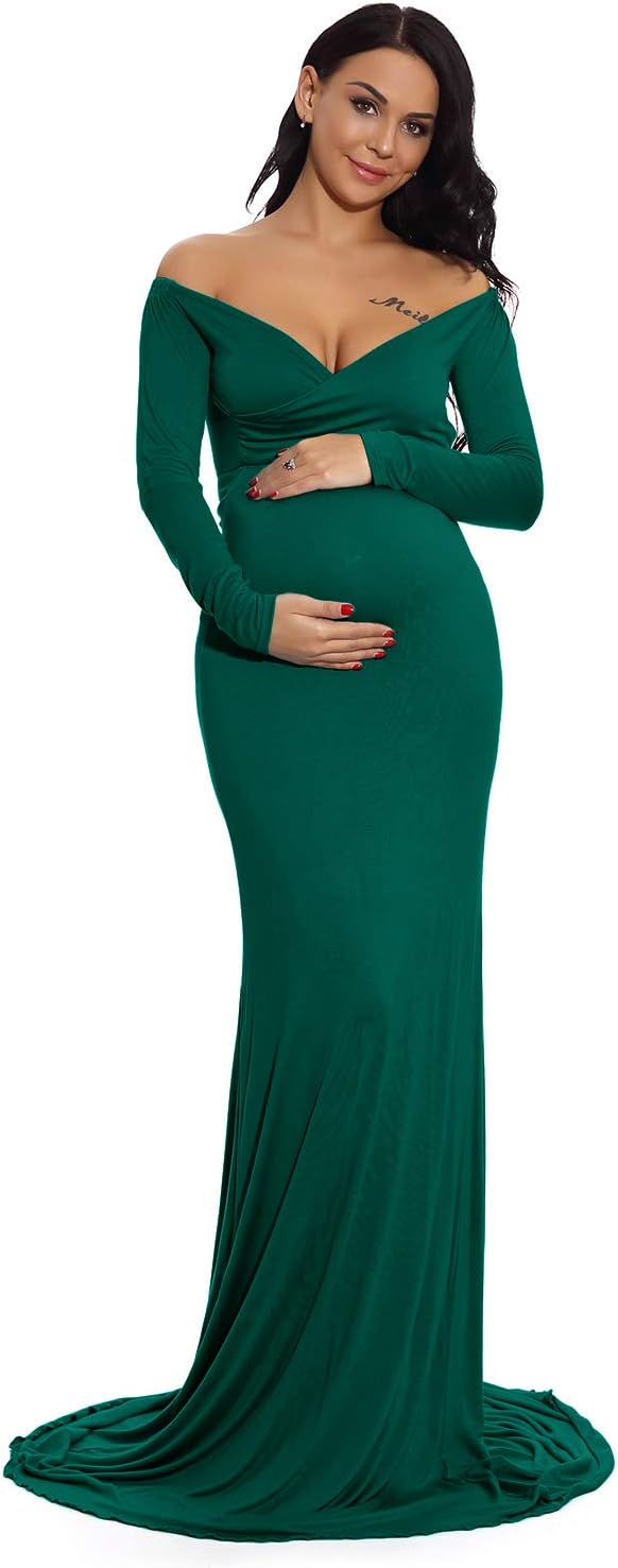ZIUMUDY Maternity Off Shoulder Photo Shoot Photography Dress Solid Color Baby Shower Dress