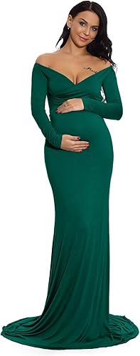 ZIUMUDY Vestido de Maternidad con Hombros Descubiertos para Sesión de Fotos y Fotografía, Vestido de Color Sólido para Baby Shower