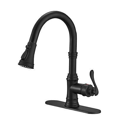BWE Matte Black Kitchen Sink Faucet with Deck Plate Single Handle Singe Lever with Pull Down Sprayer Spring Kitchen Faucet 3 Function High Arc Lead-Free Contemporary Commercial Bar Kitchen Faucets