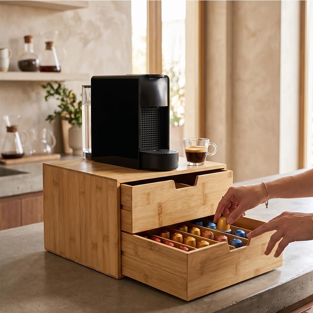 Porta Capsule Universale con 2 Cassetti Estraibili Base per Macchina Caffè Salvaspazio Organizzatore legno di Bamboo Naturale Misure L34xP31xH18 cm Organizer cucina ufficio Macchine elettriche Caffè