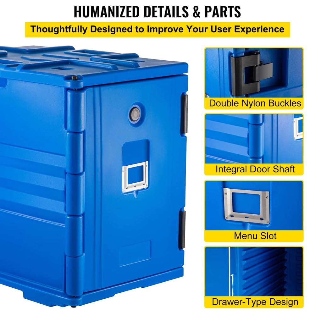 Caja térmica para Catering de 90 litros, aislada, apilable, con Asas y Hebillas, para Buffet, Restaurante o Comedor, Color Azul.