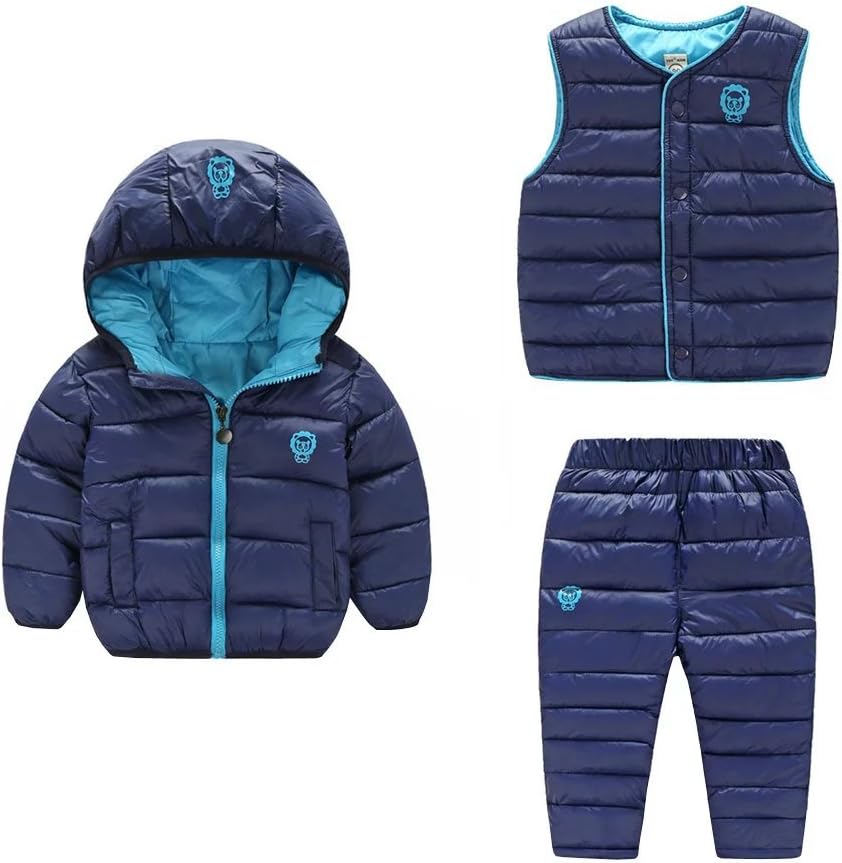 Wxian Unisex Children Warm Down Coat Puffer Jacket Three-Piece Dark Blue