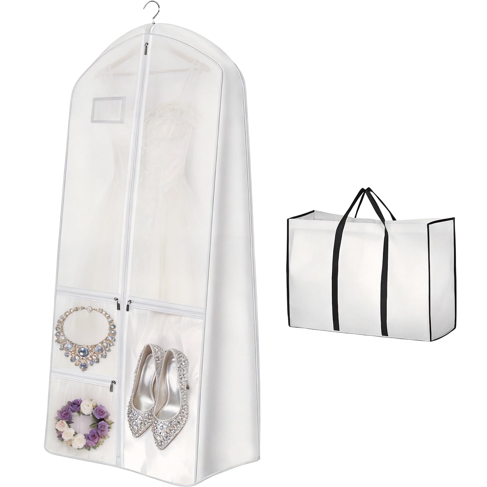 70" Wedding Dress Bag with Bride Tote Bag Covers Garment Bags with 3 Pockets and ID Slot Suit Carriers for Ball Gowns & Bridal Dress Dustproof Dress Carriers for Women Dancers Travel,White
