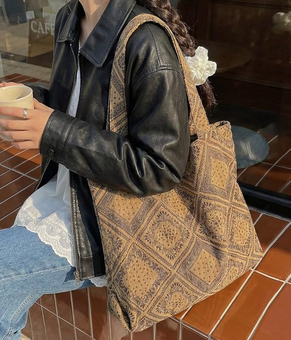 Image of 2026 Corduroy Tote Bag with Zipper Large Casual Handbags Shoulder Purse for Women