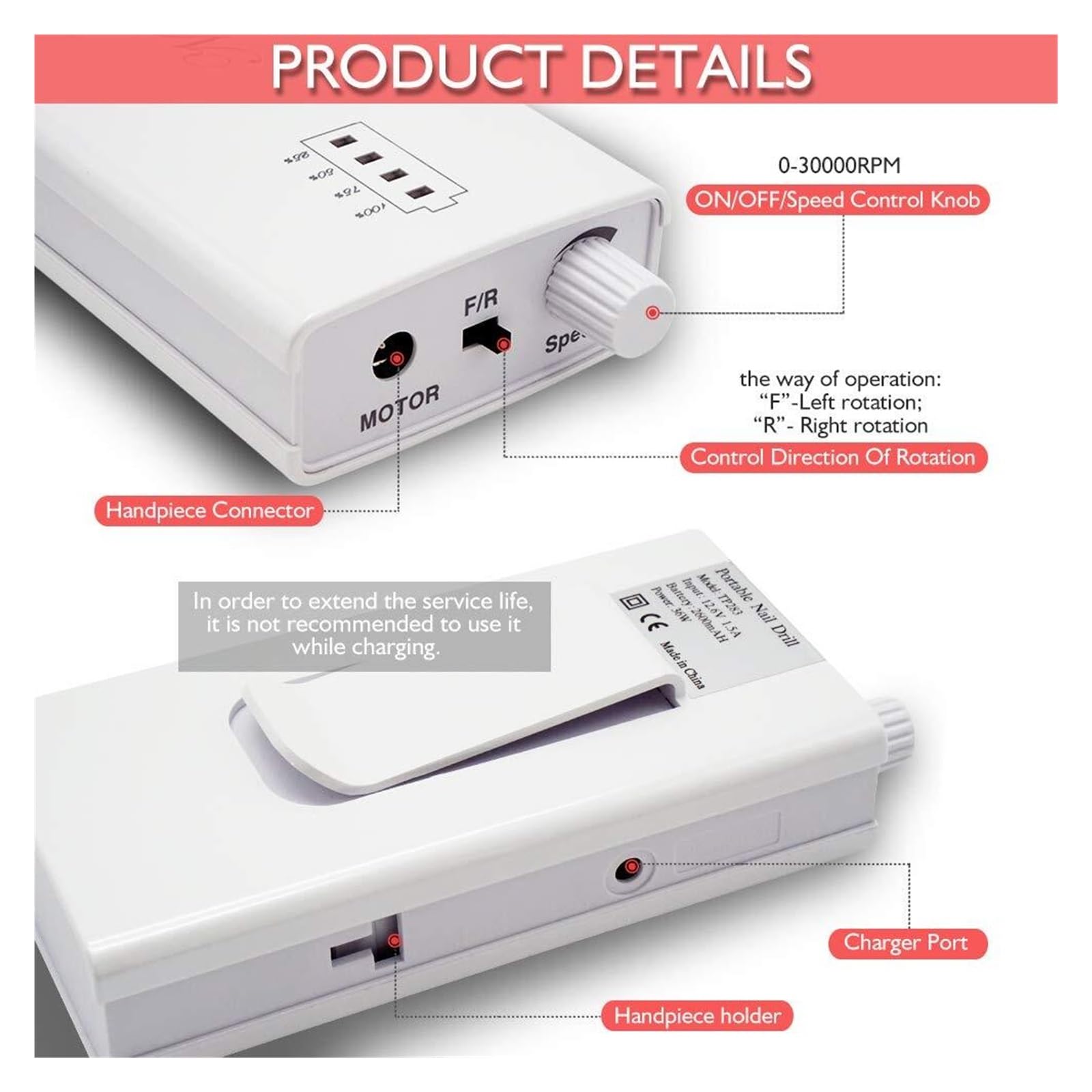 Torno de Uñas Eléctrico, Taladro de uñas eléctrico inalámbrico portátil de 35000RPM, removedor de gel acrílico, kit de brocas for lima de uñas, equipo de pulido de uñas(Bianco)