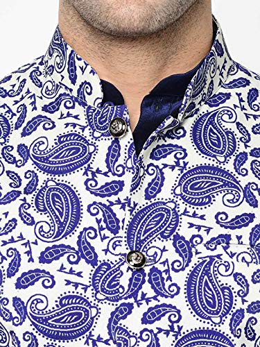 Image of SAIFOO Men's Silk Navy Blue Kurta Pyjama & Printed Nehru Jacket