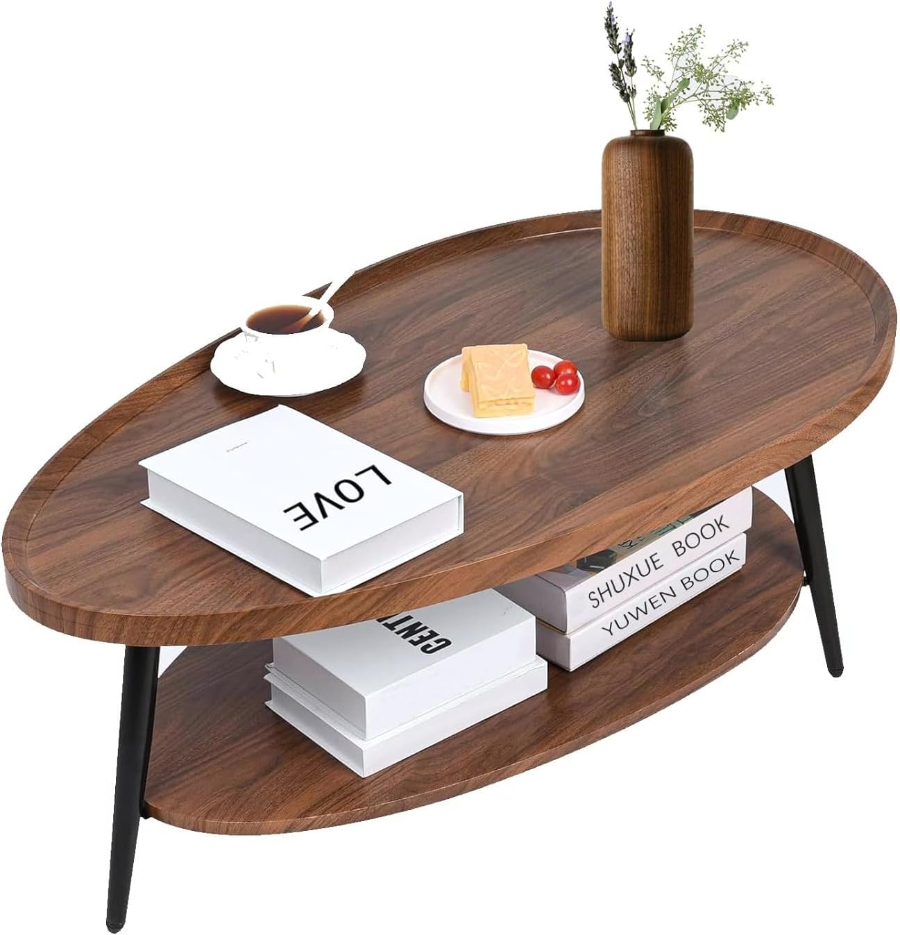 Table Basse Ovale Scandinave 100x55x38cm Effet Marbre Noyer - Table Salon Moderne 2 Niveaux