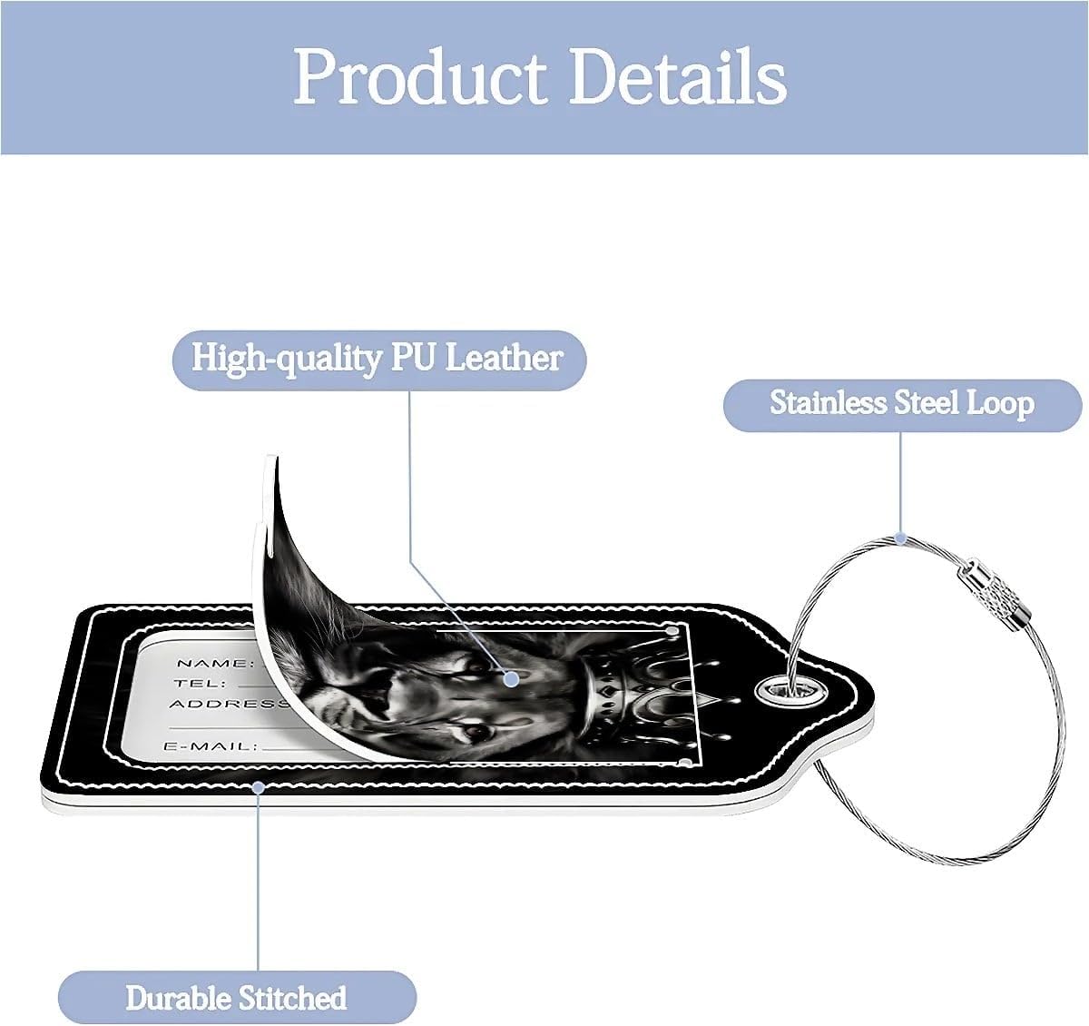 Luggage Tags,Black King Crown Lion Design, Double-Sided Privacy Cover ID Labels with Stainless Steel Loop and Address Card for Travel Bag Suitcase image 4