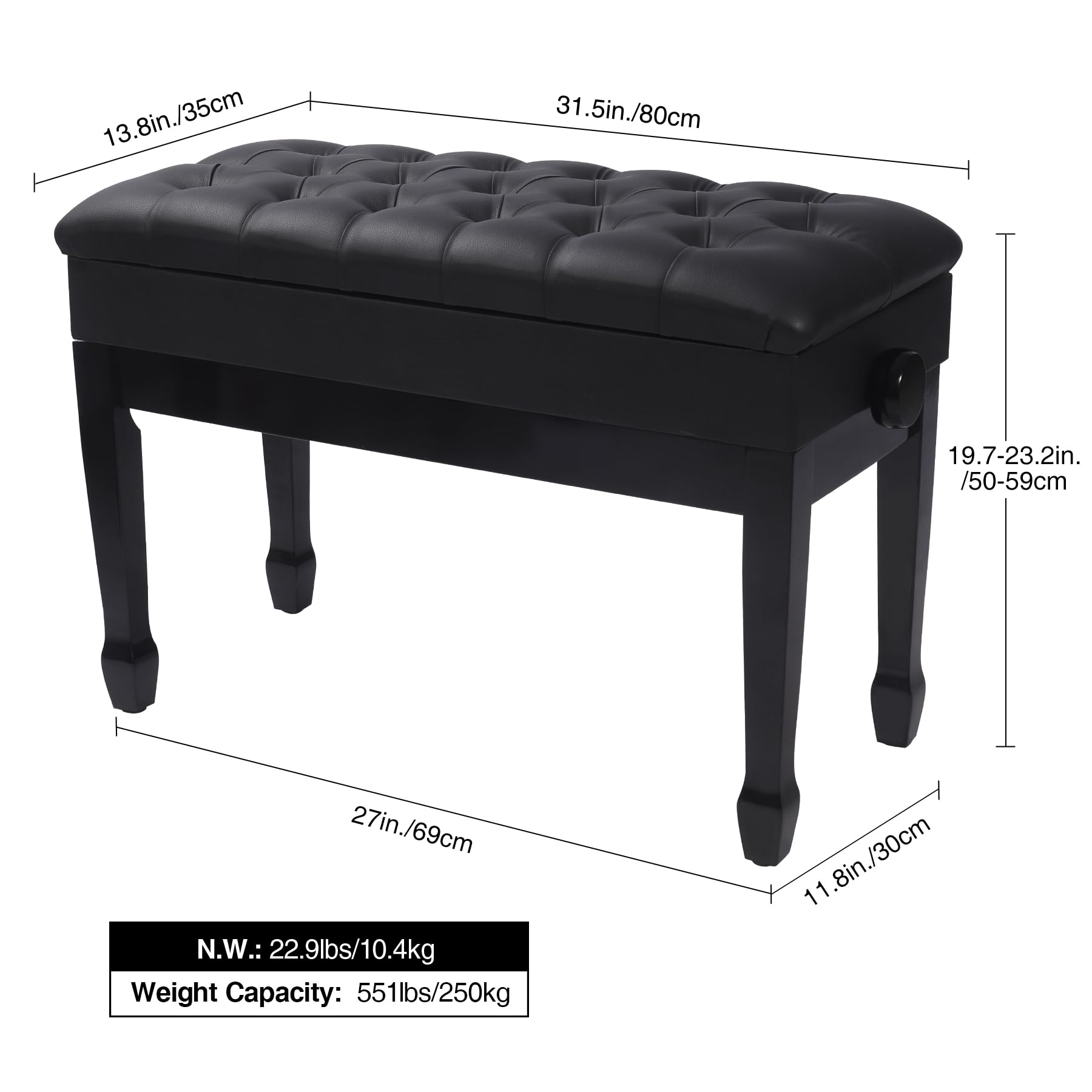 REDCAMP Groß Klavierhocker für 2 Personen, 80 x 35 cm Lange Klavierbank Höhenverstellbar von 50-59cm, Holz Pianobank Keyboardbank Klavierstuhl mit Stauraum verdicktes PU-Lederkissen, Schwarz