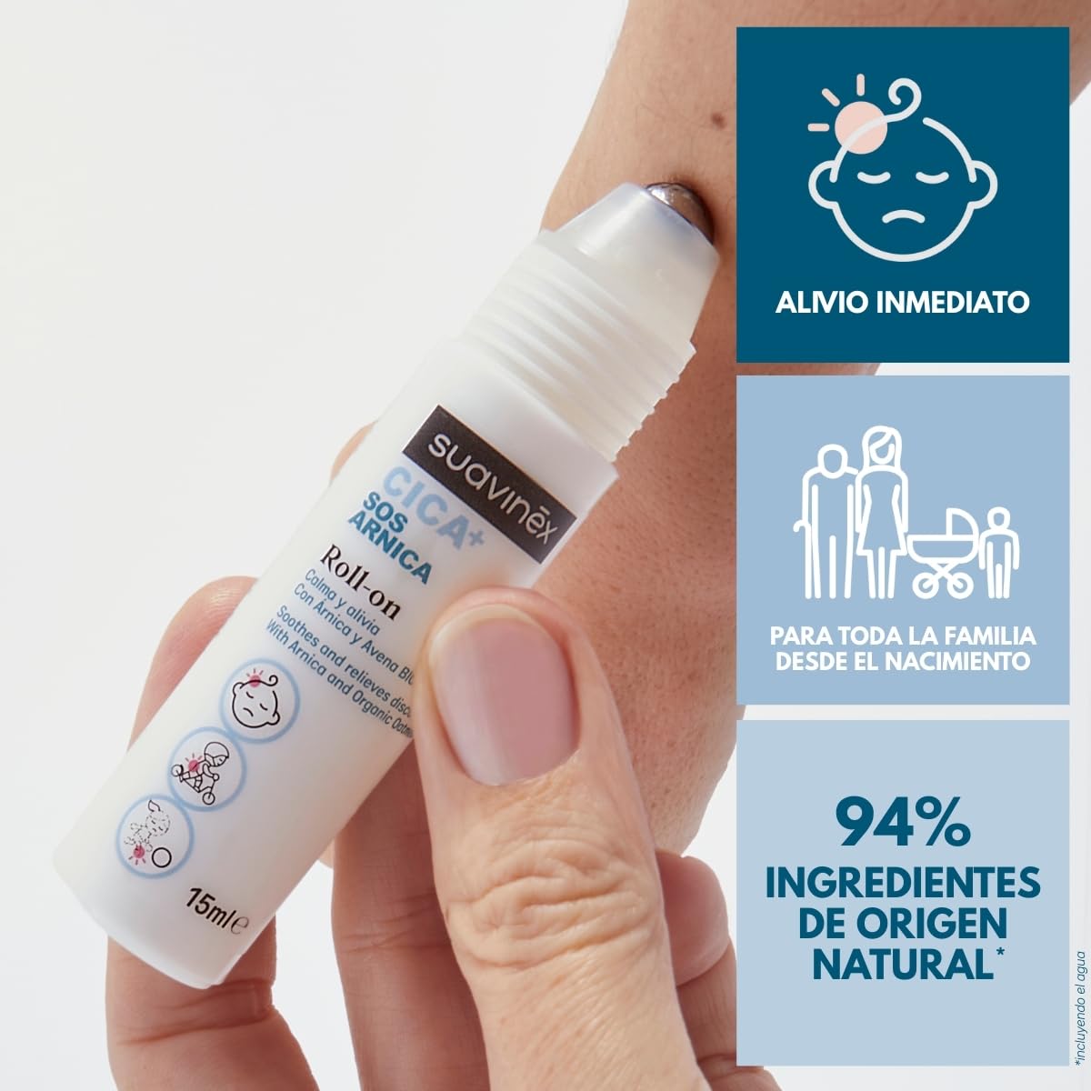 Suavinex, CICA Árnica Roll On, Calma y Alivia Rojeces y Golpes Leves, Apto Pieles Sensibles y Bebés +3 Meses, Sin Alcohol, Clínicamente Testado, 94% Ingredientes Origen Natural, 15 ml, +300 Dosis — view 3