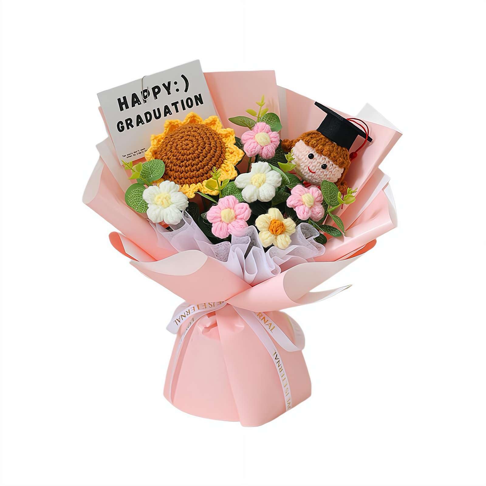 2026 Graduation Crochet Flower Bouquet, Handmade Graduation Bouquet Knitted Flowers Artificial Preserved Flowers Gifts for Teacher's Day Anniversary