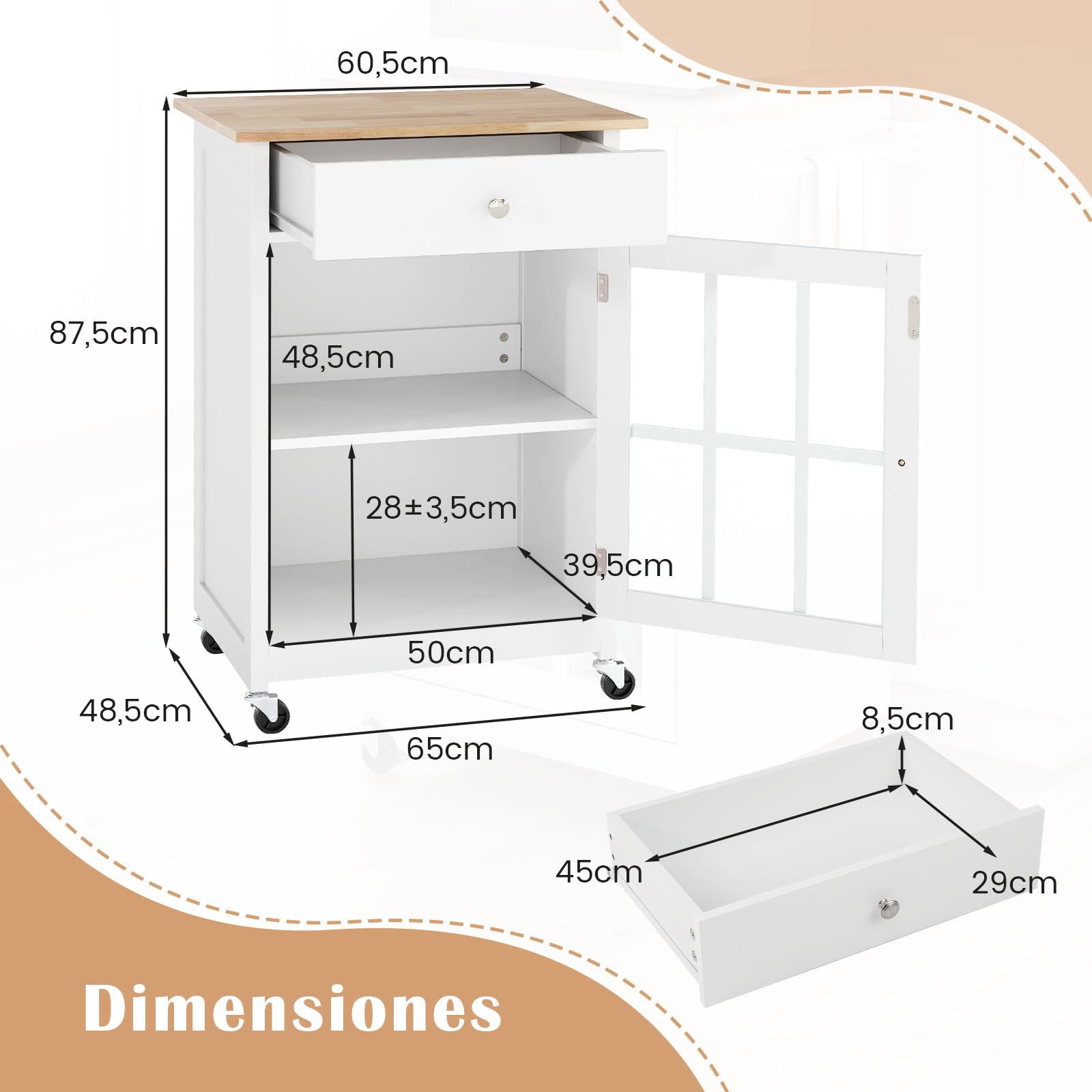 COSTWAY Carrito de Cocina, Isla de Cocina con 4 Ruedas, Tablero de Madera de Caucho, Cajón, Toallero, Estante Ajustable de 3 Niveles, Puerta de Vidrio Templado, Carro de Servicio para Comedor