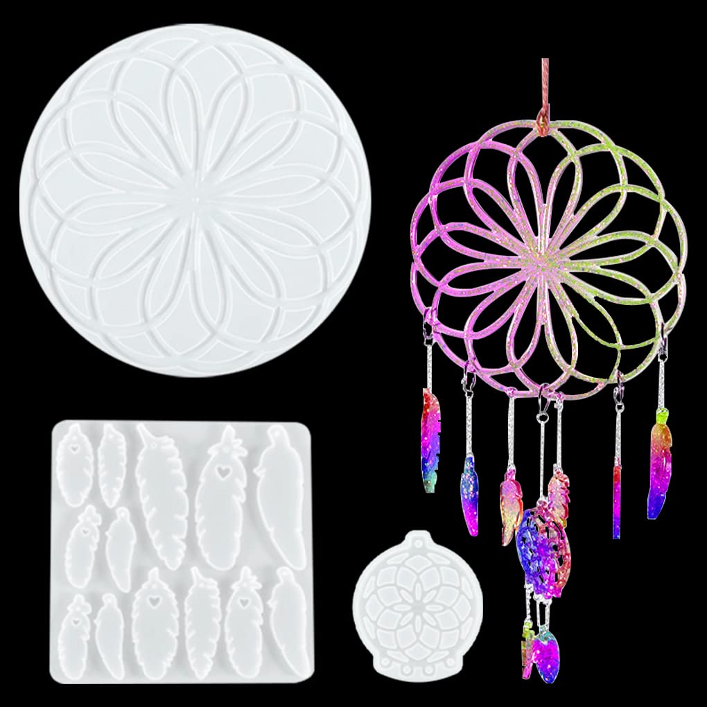 FineInno Dream Catcher Resin Mould Kit, Feather Moulds Silicone, Wind Chimes Resin Epoxy Moulds for Earring Pendant Jewelry Making Wall Hanging