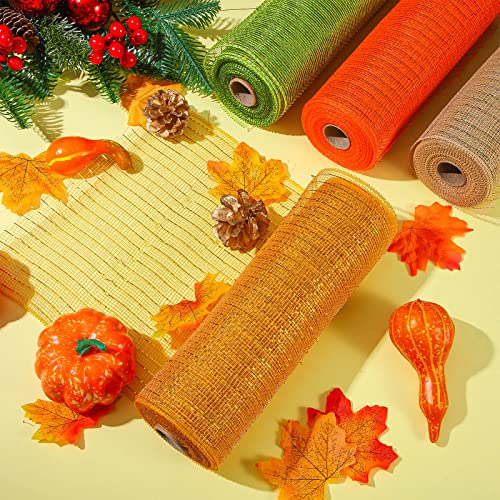 Wreath Making Supplies 4 Rolls Mesh Ribbon 10 Inch x 30 Feet Metallic Poly Mesh Ribbon Decor Mesh Roll and 100 Pieces Wreath Tube Cleaners Chenille Stems (Brown, Yellow, Green, Orange)