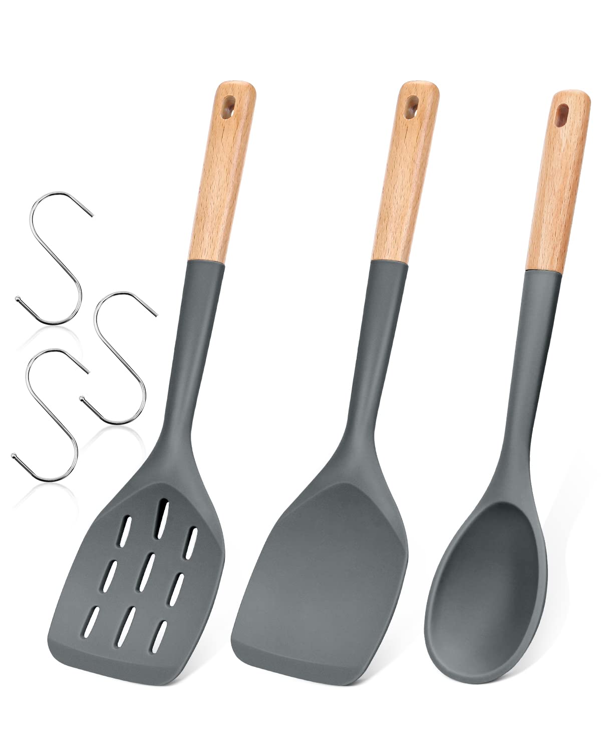 Pack of 3 Silicone Spatula, Non Stick Cooking Utensil Set, Wooden Handle Kitchen Turner for Baking Mixing Grilling Serving Food Heat Resistant, Grey
