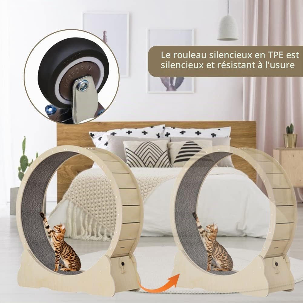 Keyzone Roue d'exercice pour chat d'intérieur, grand tapis roulant pour chat de 110 cm avec piste moquette pour une plus longue durée de vie du chaton, perte de poids, couleur bois naturel (taille XL)