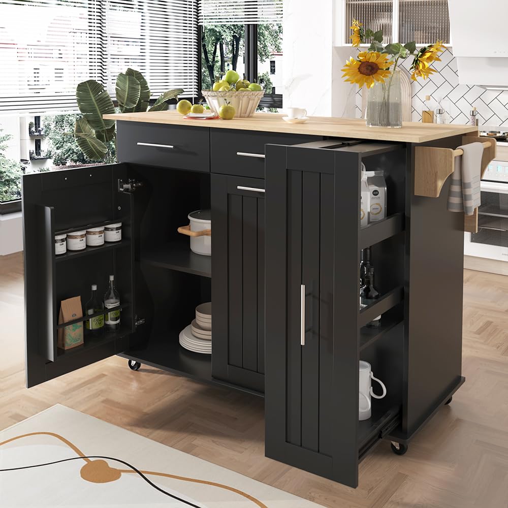 Kennkari Rolling Kitchen Island on Wheels with Storage 3 Tier Cabinet and Drawers, Table with Towel and Spice Rack, Cart with Drop Leaf and Power