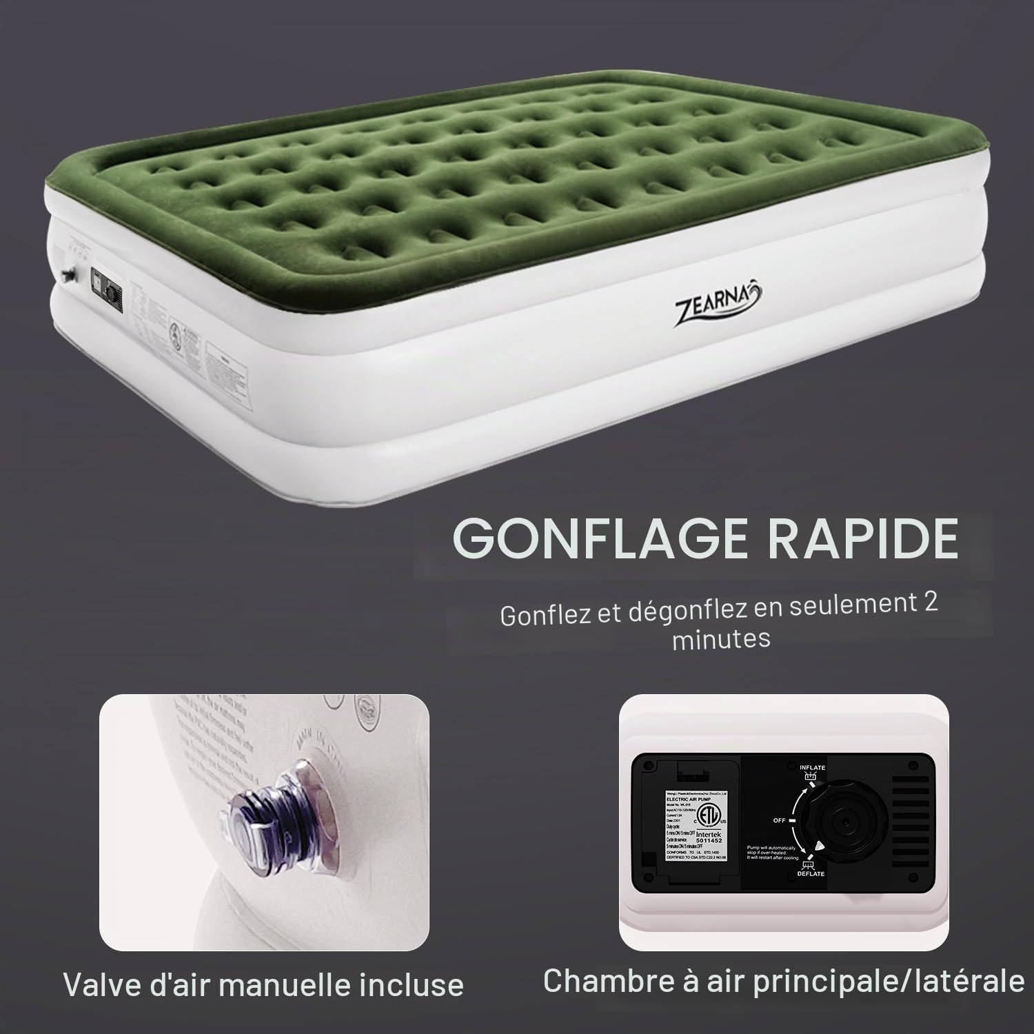 Zearna Matelas Gonflable 2 Personnes (203x152x40 cm) – Pompe Électrique Intégrée, Gonflage Rapide en 3 Min | Lit d'Appoint Confortable pour Maison, Camping et Invités | Sac de Rangement Inclus