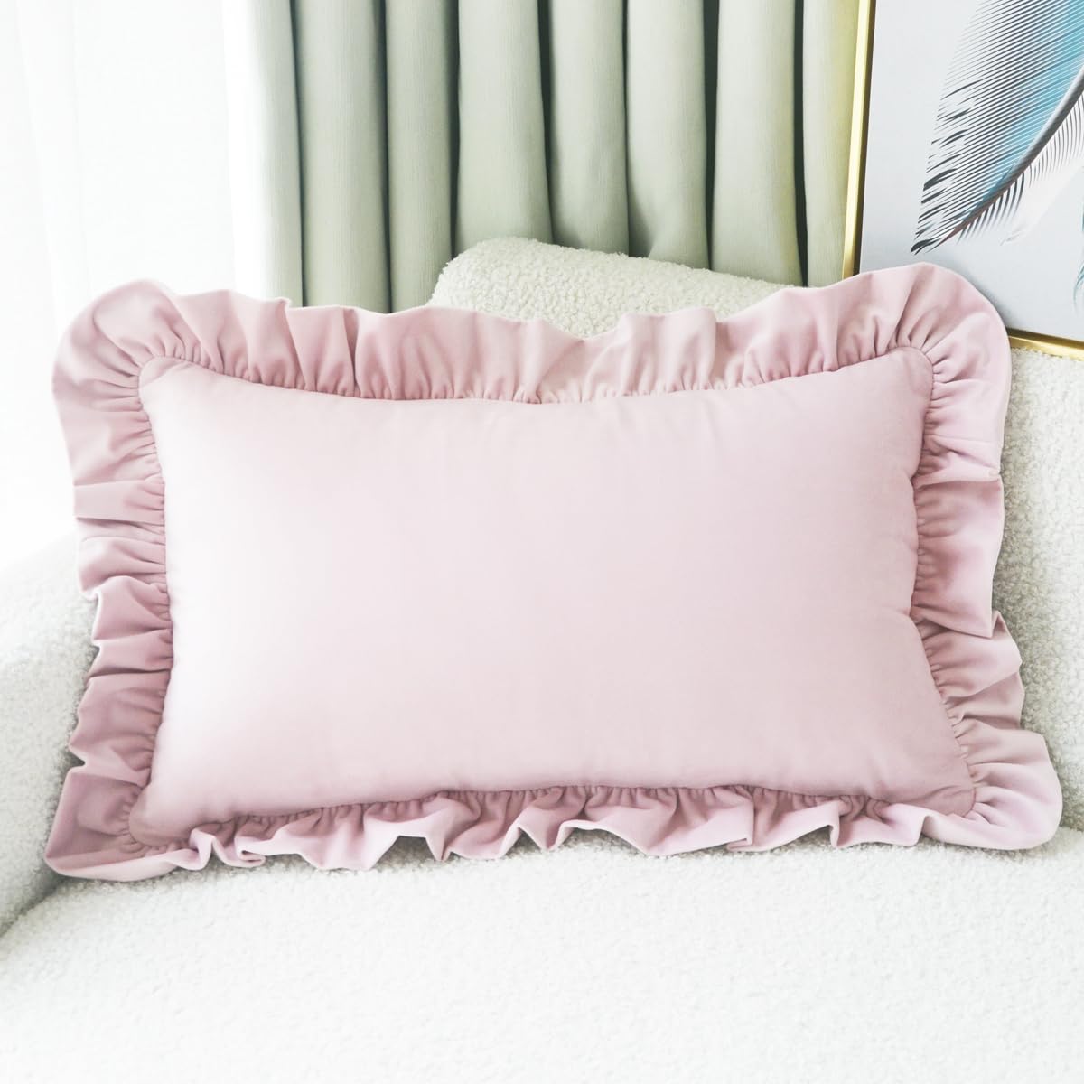 Lutanky Rectangle Cushion Covers 40 x 60cm Soft Long Velvet Ruffled Pillow Covers Pale Pink Flounce Pillow Cases for Sofa Couch Home Decor