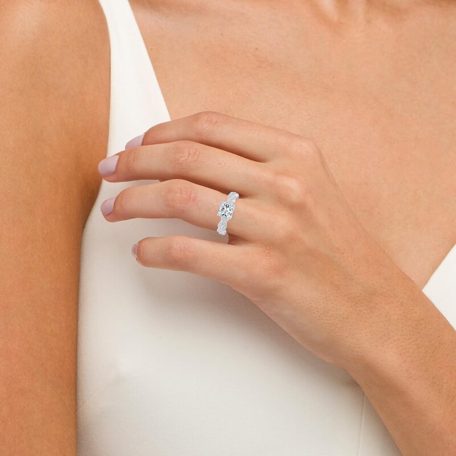 14K White Gold 1.28 CTW Princess Cut Vintage Eternity Love Twisting Split Shank Diamond Engagement Ring With Milgrain, K Color I2 Clarity, 1 Ct Center