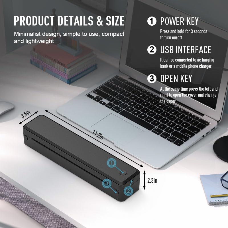 Image of EKIY 2026 Mini Wireless A4 Portable Inkless Thermal Printer with Roll Paper Storage| Rechargeable 2600mAh Type-C | Android, iOS & Laptop with Bluetooth /USB Interface |1 Year Warranty (Black)