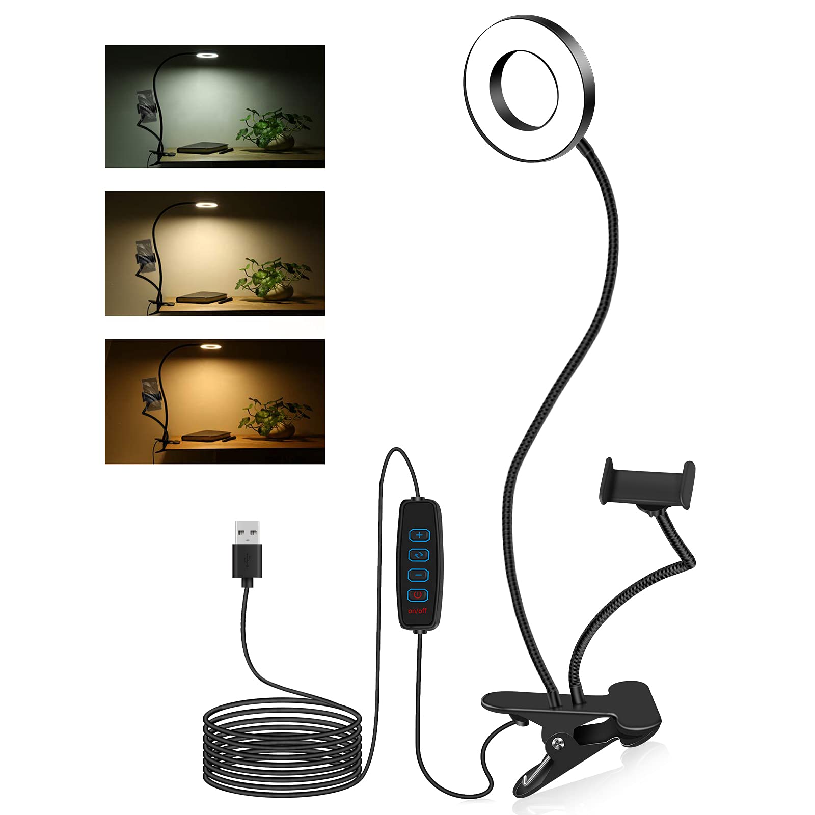 Clip On Ring Light, 48 LED USB Desk Light with Phone Holder, Video Conference Webcam Lighting, 3 Color 10 Brightness, Clamp Lamp, Desk Lamp with Clamp, Eye Protection Reading Lamps for Bed Headboard